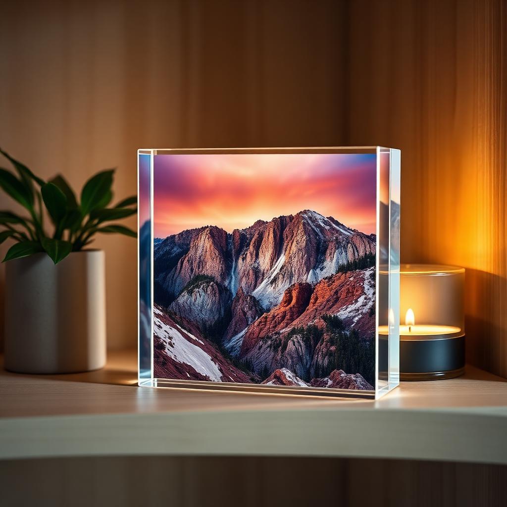 Acrylic Block 4" × 4" clear acrylic photo block styled on a shelf