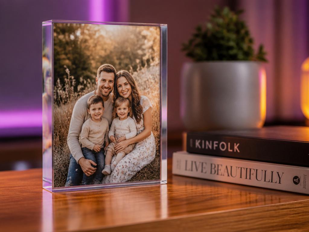 Acrylic Block 4" × 6" clear acrylic photo block styled on a shelf
