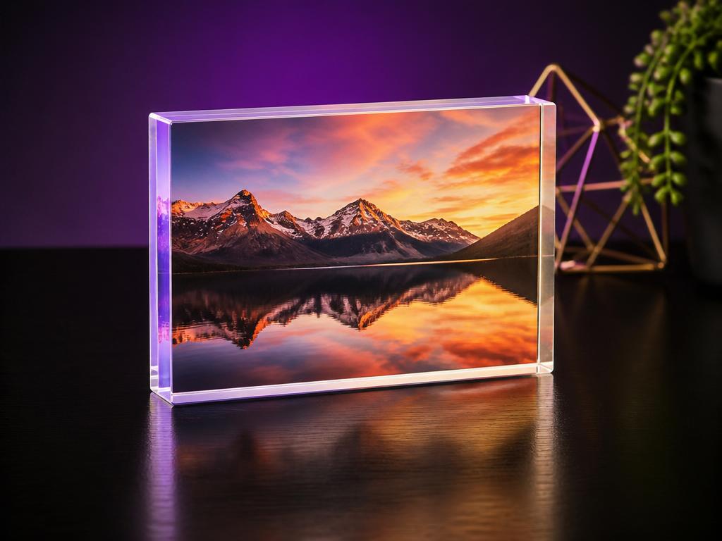 Acrylic Block 5" × 7" clear acrylic photo block styled on a shelf