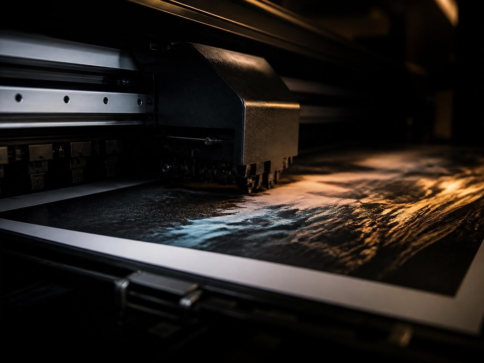 Large-format printer laying ink on premium paper
